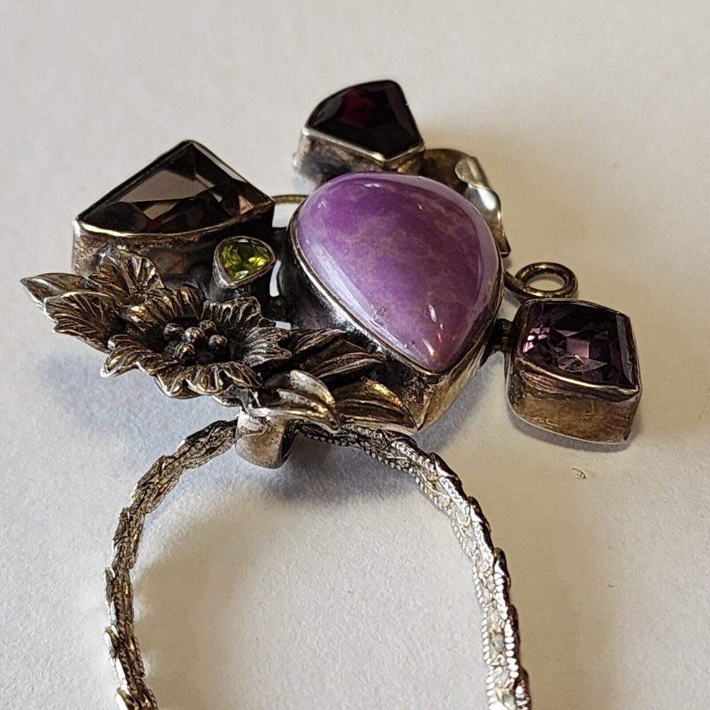 Vintage Sterling 925 Pendant Semi-precious Stones Floral Silver Work With 24... - Picture 8 of 16